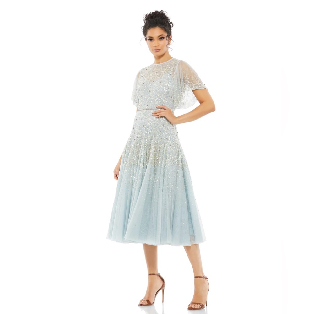 Mac Duggal Cape Sleeve Beaded Midi Dress Powder Blue NWT #93655